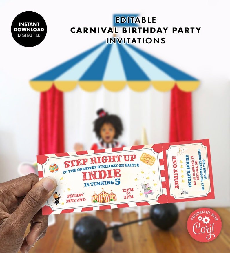 EDITABLE CARNIVAL TICKET Birthday Party Invitation Circus Invite digital custom personalized printable digital file kids birthday invitation image 1
