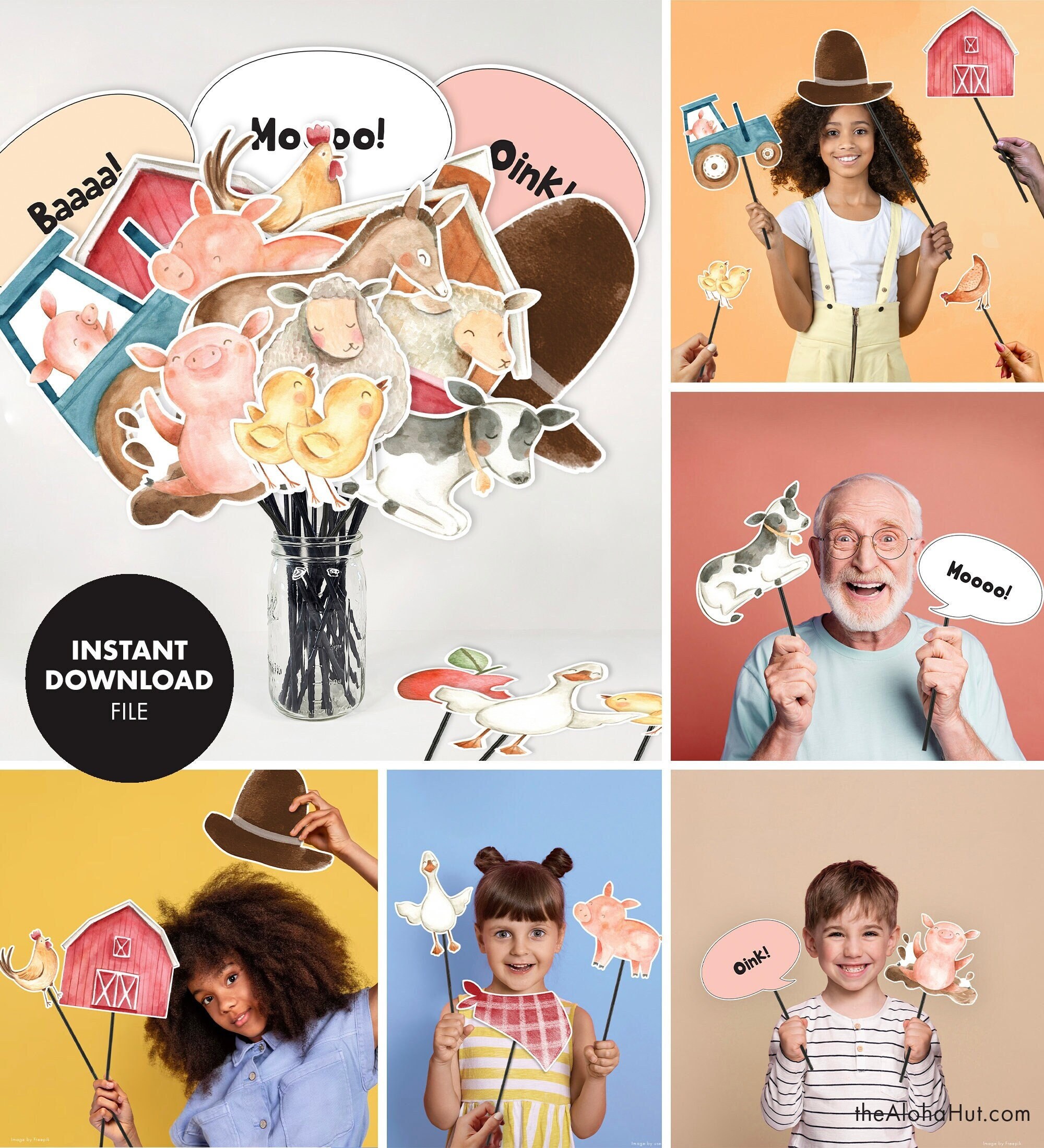 FARM ANIMAL Kids Birthday Party Photobooth Props Digital Printable Party Decoration Photo Booth Country Cowboy Barnyard Baby