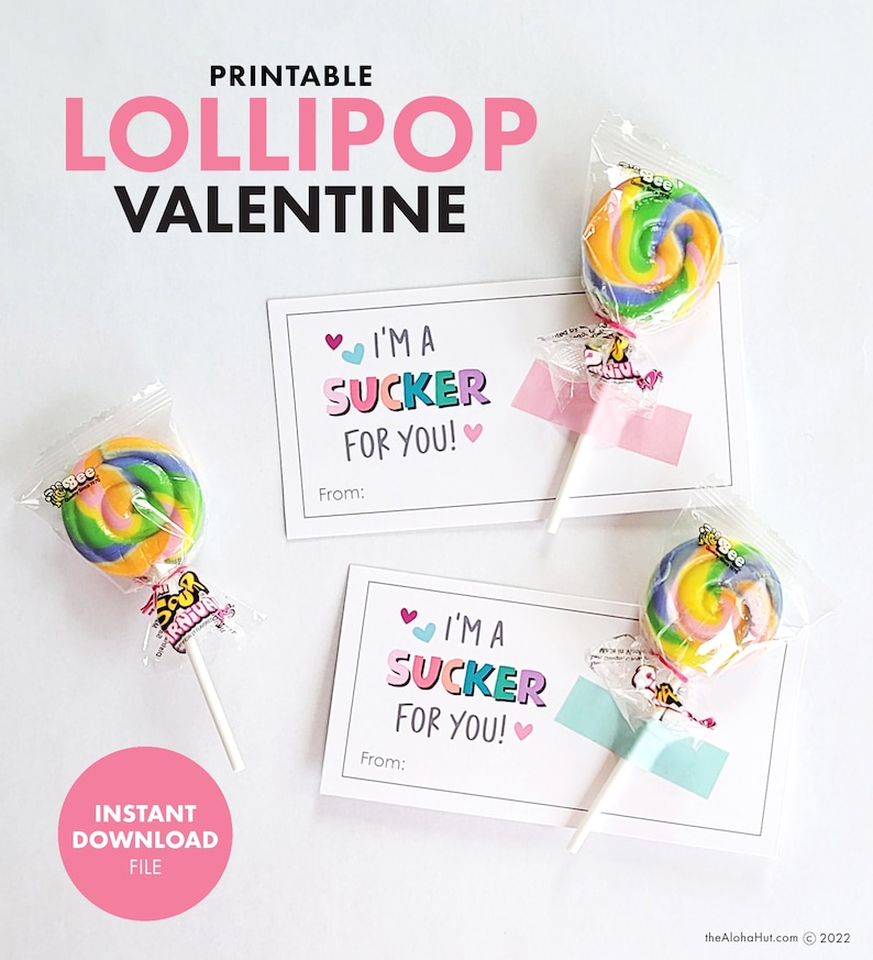 Lollipop PRINTABLE VALENTINE Valentine's Day Card Kids Party Classroom Gift Party Favor label sucker candy easy simple image 2