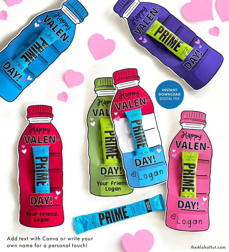 May include: Five printable Valentine's Day cards featuring a water bottle with a Prime Hydration drink inside. The cards are in various colors including purple, green, red, blue, and pink. The text on the cards reads 'Happy Valentine's Day!' and includes the words 'Prime' and 'Day!' The cards have space to add a name and a message. The cards are designed to be printed and cut out. The cards are a fun and creative way to celebrate Valentine's Day.