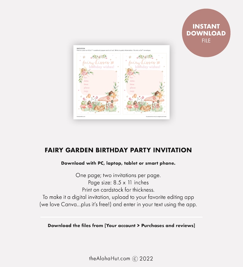 FAIRY Invitations Kids Birthday Party, Digital Party Invitations Instant Download Digital File Printable Enchanted Forest Woodland Whimsical imagem 5