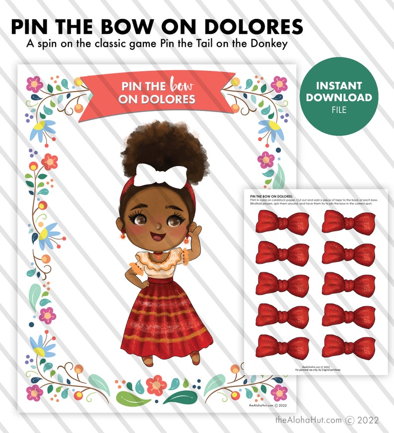 ENCANTO Kids Birthday Party Pin the Tail Game party games instant download printable digital file Cinco de Mayo Pin the Bow on Dolores image 6