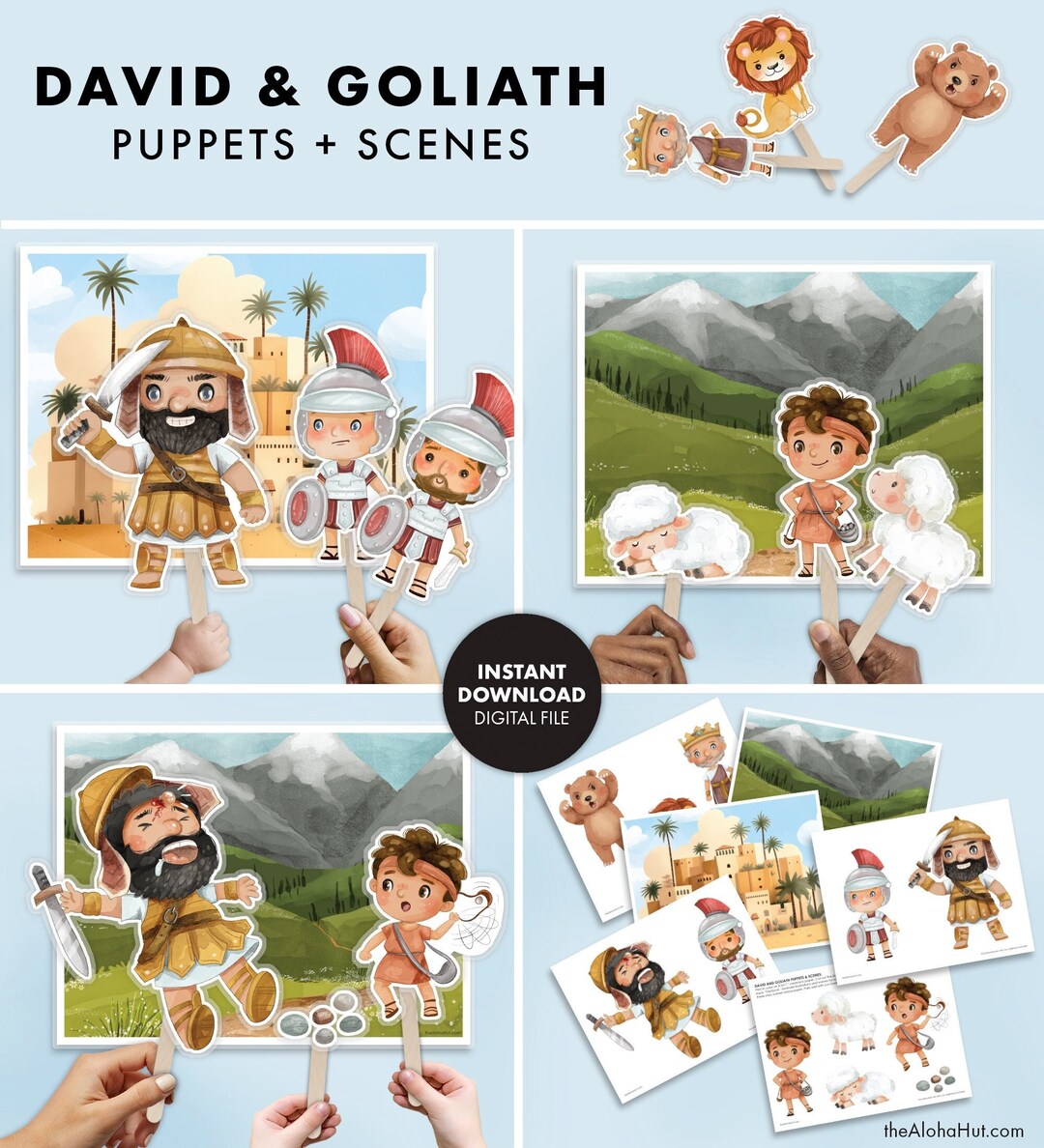 DAVID and GOLIATH Bible Story Puppets &amp; Scenes Kids Activity Church ...