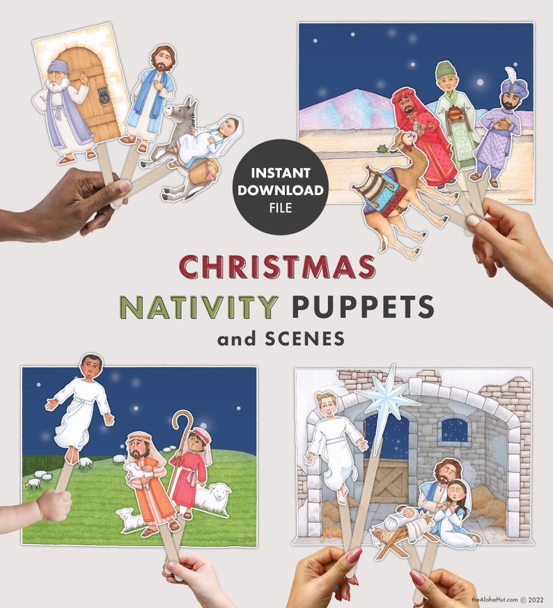 Weihnachtskrippe Puppen & Szenen Kinder Aktivität Bibel Kirche Homeschool Sonntag Digital Printable Komm folge mir Jesus Neues Testament Bild 1