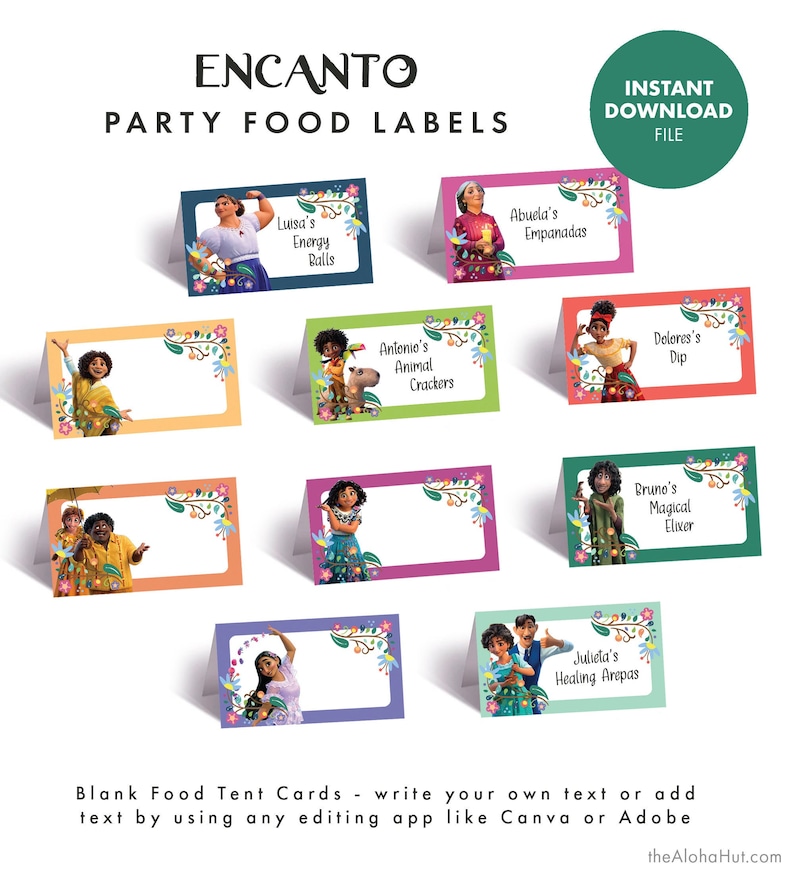 ENCANTO Party Food Labels Cards Kids Birthday Decorations Decor Encanto Food Tents Instant Download Printable Mirabel Isabela Antonio image 1