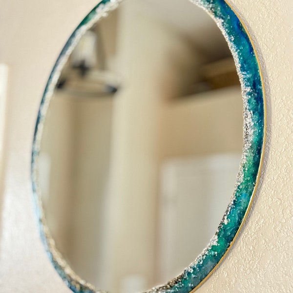 Beautiful Custom 29” Mirror- Quartz, Pyrite, Silver Flake, HandpouredResin