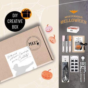 DIY Kreativbox HALLOWEEN 01 – Materialset von Paper Poetry mit Konfetti, Chalkstiften, Vorlagenmappe, Chenilledraht, Stickern, Hängeskelett.