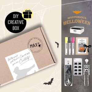 DIY Kreativbox HALLOWEEN 02 – Materialset von Paper Poetry mit Konfetti, Chalkstiften, Vorlagenmappe, Chenilledraht, Stickern, Hängeskelett.