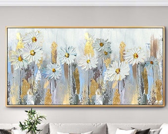 Gran pintura al óleo original personalizada sobre lienzo Pintura blanca Arte abstracto Pintura al óleo de flores Pintura moderna Sala de estar pintura regalo