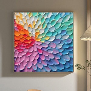 Large 3D Textured Floral Wall Art Boho Wall Decor Rainbow Oil Painting Original Painting Neon Colorful Flower Petals Abstract Wall Art