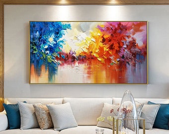 Grande peinture originale sur toile, grand art mural, décoration murale Boho, peinture lumineuse, peinture abstraite, peinture colorée