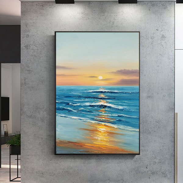 Lever du soleil océan peinture grande peinture côtière sur toile mer paysage peinture lever du soleil paysage Art chambre peinture