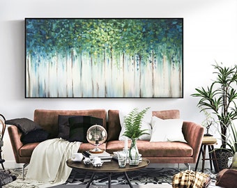 Large original oil painting abstract art natural home decoration green woods oil painting thick texture knife painting living room painting