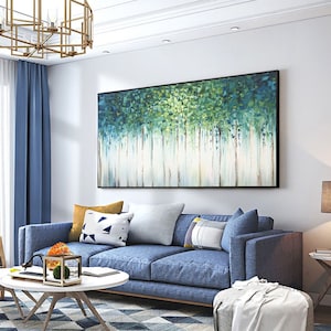 Large original oil painting abstract art natural home decoration green woods oil painting thick texture knife painting living room painting image 1