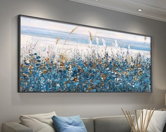 May include: Abstract painting of a field of blue and brown flowers with tall grasses in the foreground. The background is a light blue sky with a white horizon.
