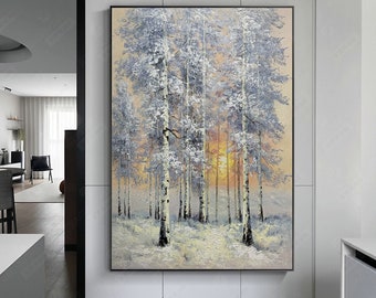 Original hand-painted oil painting snow scene birch forest decorative painting landscape painting large mural art gift Christmas gift