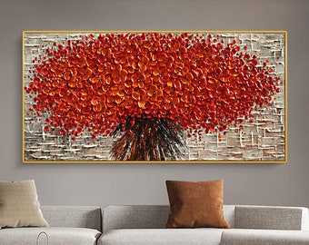 Large original oil painting, big red flower , decorative painting, living room painting, natural home decoration, handmade painting