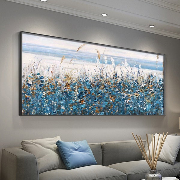 Oryginalny obraz olejny sztuka abstrakcyjna na płótnie naturalna dekoracja domu niebieski obraz olejny skrzypu, sztuka ścienna