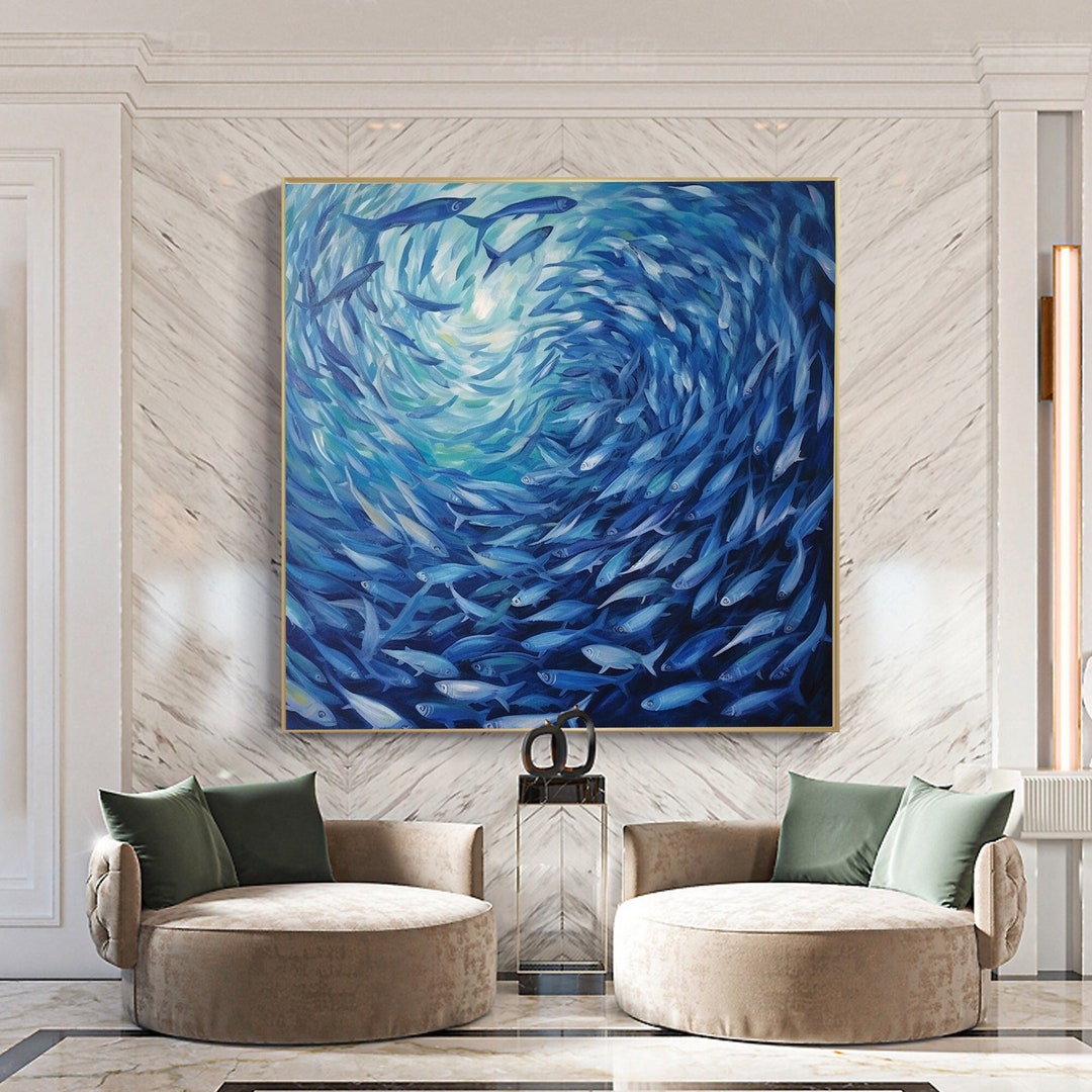 Blue Ocean Oil Painting Contemporary Indigo Painting on Canvas Large Art Ocean Sea Painting Fish