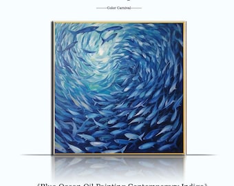 Blue Ocean Oil Painting: Contemporary Fish Art on Canvas