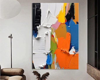 Abstract Oil Painting, Impasto Technique, Morandi Style, Colorful Living Room Wall Art