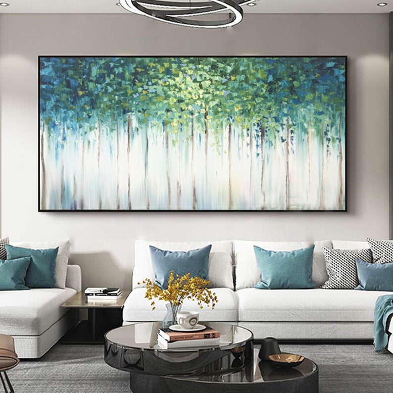 Large original oil painting abstract art natural home decoration green woods oil painting thick texture knife painting living room painting 16”×32”/40×80cm