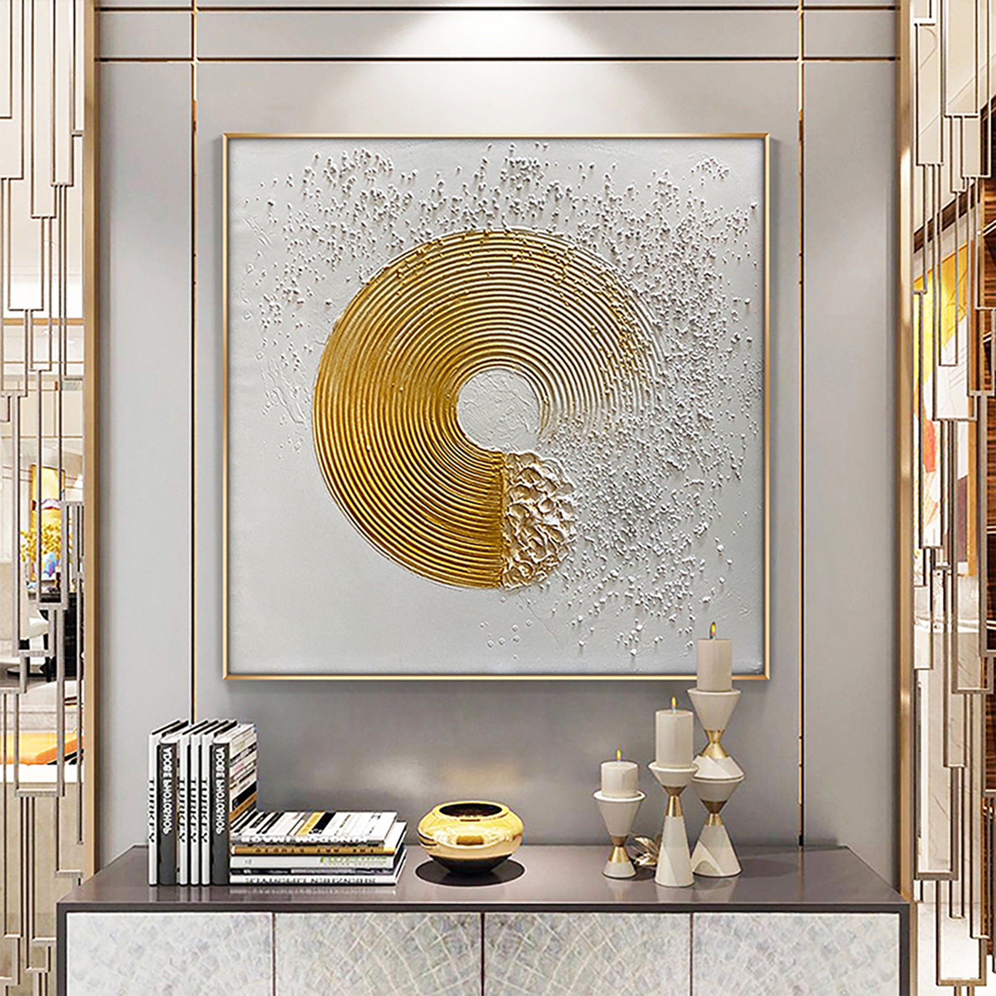 Original oil painting, custom art，Big golden circle, Oil painting on canvas, Background wall decoration, Living room art, Natural home decor