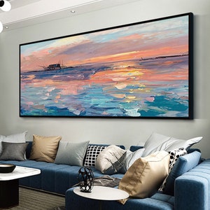 Large original canvas oil painting sea sunrise impression seascape  living room art hanging painting home decoration art handmade painting