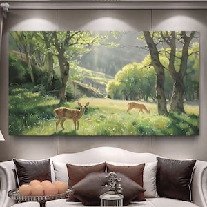 Large Deer Oil Painting on Canvas: Modern Nature Landscape Wall Art