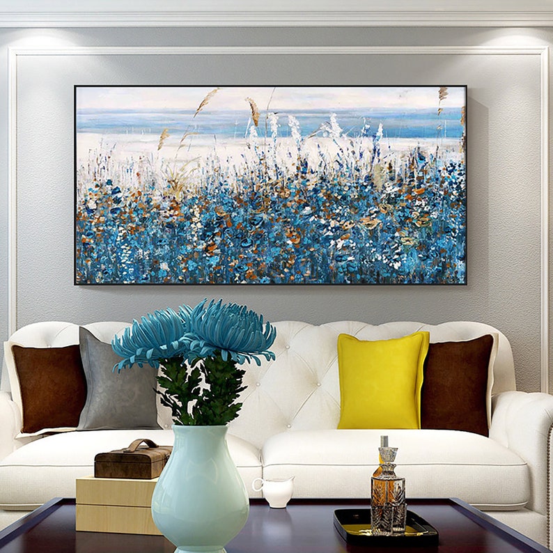 Pittura a olio originale arte astratta tela decorazione domestica naturale pittura a olio di equiseto blu, arte della parete immagine 2