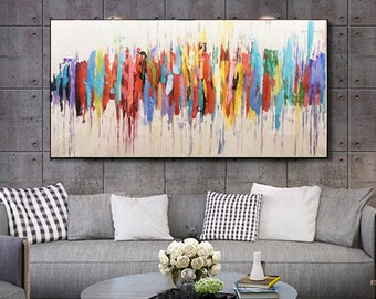 Grande peinture originale sur toile, grand art mural, décoration murale Boho, peinture lumineuse, peinture abstraite, peinture colorée