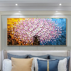 Groot origineel olieverfschilderij op canvas 3D-schilderij roze bloemen woonkamer schilderij grote muurkunst dik olieverfschilderij natuur interieur