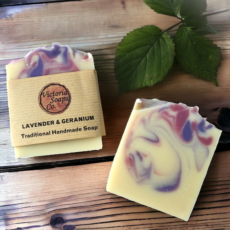 Handmade Organic Soap Bar, Natural Vegan cold process hand & body soaps, plastic free hand washing, sensitive skin soap, uk. Lavender & Geranium