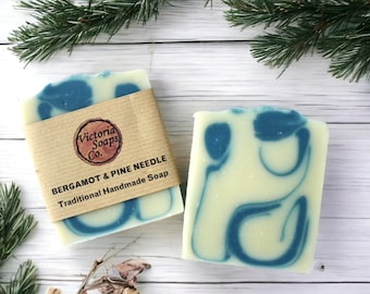 Bergamot & Pine Needle natural handmade soap bar, cocoa butter enriched, organic, vegan skin care, dry skin, gift for her