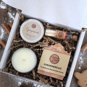 Presentset med handgjord tvål och sojaljus / Födelsedagspresent / Vegansk vårgåva för välbefinnande - Personalisering tillgänglig Gingerbread