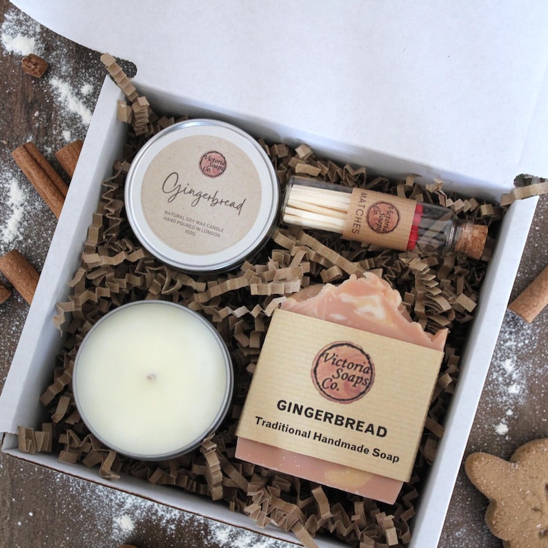 Presentset med handgjord tvål och sojaljus / Födelsedagspresent / Vegansk vårgåva för välbefinnande - Personalisering tillgänglig Gingerbread