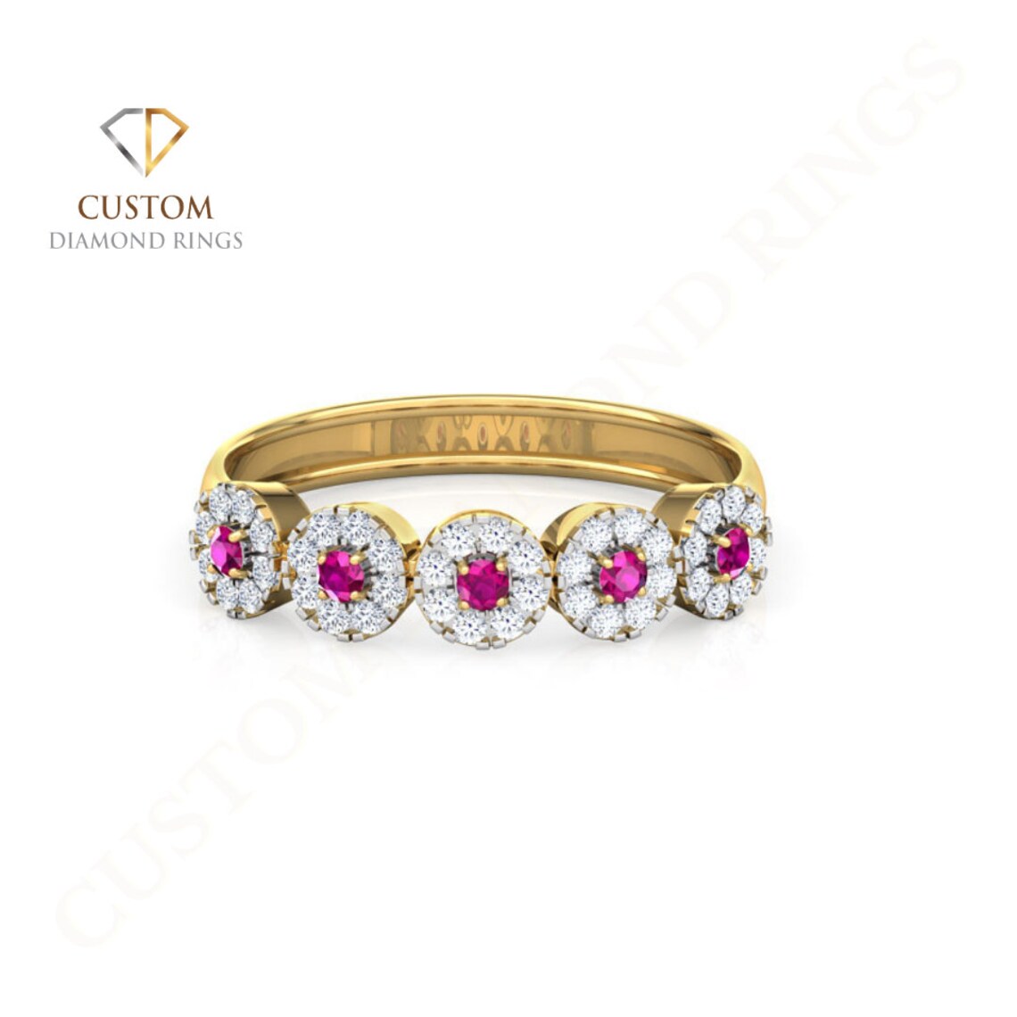 Ruby Wedding Band 14K Solid Yellow Gold Diamond Band for