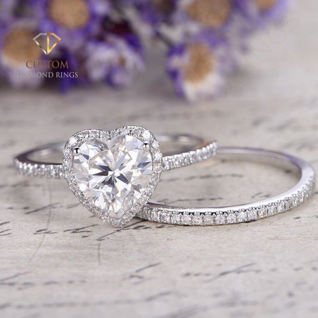 1.50CT Heart Cut Moissanite Engagement Ring Set White Gold Etsy UK