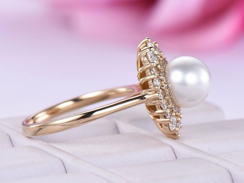 Round Pearl Halo Ring Wedding Pearl Ring Pearl Flower Ring Etsy