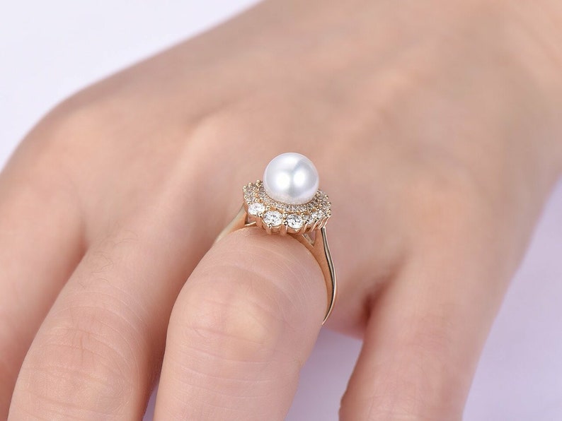 Round Pearl Halo Ring Wedding Pearl Ring Pearl Flower Ring Etsy