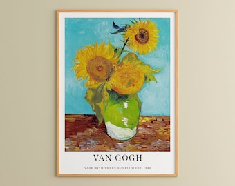 Van Gogh Poster | Vase with Three Sunflowers, Van Gogh Art Print, Exhibition Poster, Van Gogh Paintings, Vintage Wall Art, Flower Art Print