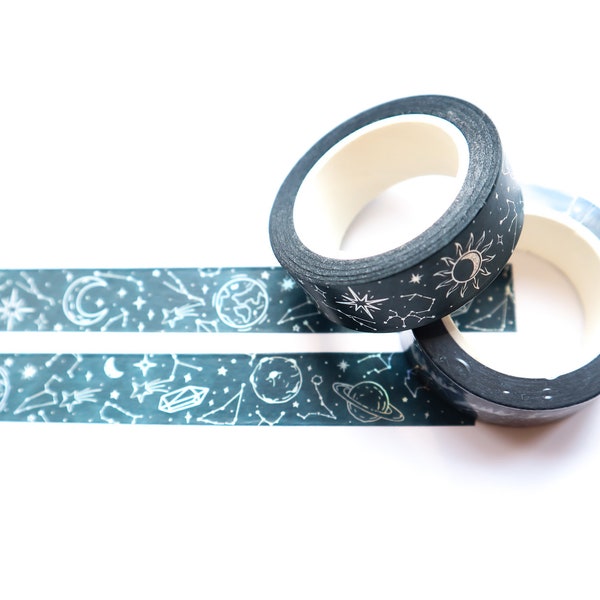 Night Sky Foil Washi Tape, Black and Silver Washi Tape, Constellations Scrapbook Decoration, Sun and Moon, Reach for the Stars Washi Tape