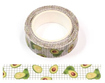 Avocado Washi Tape, Masking Tape Avocado Print, Grid Pattern Washi Tape, Green Washi Tape, Scrapbook Decoration Green, Kawaii Fruit Tape