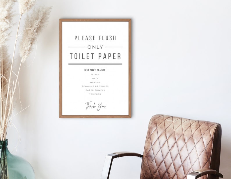 Puede incluir: Un cartel enmarcado con el texto "Por favor, tire solo papel higi&eacute;nico" y una lista de art&iacute;culos que no deben tirarse por el inodoro, incluyendo toallitas, cabello, maquillaje, productos femeninos, toallas de papel y tampones. El cartel tambi&eacute;n dice "Gracias".