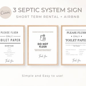 Puede incluir: Tres carteles imprimibles para alquileres a corto plazo y Airbnb. Los carteles est&aacute;n en un marco de madera y tienen un fondo blanco con texto negro. Los carteles dicen "Por favor, tire solo papel higi&eacute;nico" y enumeran los art&iacute;culos que no deben tirarse. Los carteles son simples y f&aacute;ciles de usar.
