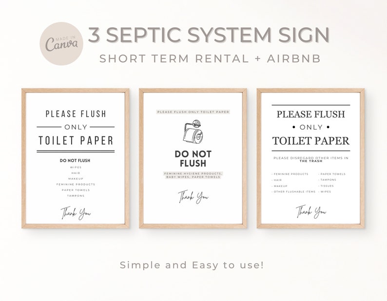 Puede incluir: Tres carteles imprimibles para alquileres a corto plazo y Airbnb. Los carteles est&aacute;n en un marco de madera y tienen un fondo blanco con texto negro. Los carteles dicen "Por favor, tire solo papel higi&eacute;nico" y enumeran los art&iacute;culos que no deben tirarse. Los carteles son simples y f&aacute;ciles de usar.