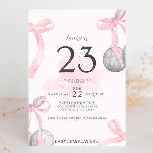 Faire-part 23e anniversaire coquette, faire-part d'anniversaire coquette, faire-part avec noeud, fête d'anniversaire de filles roses, faire-part pour le dîner de 23 anniversaires