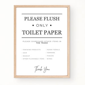 May include: A black and white sign with the text "Please Flush Only Toilet Paper" and a list of items to discard in the trash, including feminine products, hair, makeup, paper towels, tampons, tissues, and wipes. The sign also says "Thank You".