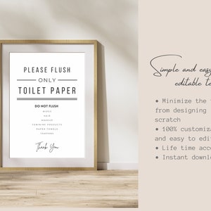 Puede incluir: Un cartel imprimible con el texto "Por favor, tire solo papel higi&eacute;nico" y una lista de art&iacute;culos que no deben tirarse por el inodoro, incluyendo toallitas, cabello, maquillaje, productos femeninos, toallas de papel y tampones. El cartel tambi&eacute;n incluye el texto "Gracias".