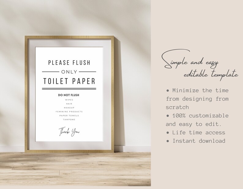 Puede incluir: Un cartel imprimible con el texto "Por favor, tire solo papel higi&eacute;nico" y una lista de art&iacute;culos que no deben tirarse por el inodoro, incluyendo toallitas, cabello, maquillaje, productos femeninos, toallas de papel y tampones. El cartel tambi&eacute;n incluye el texto "Gracias".
